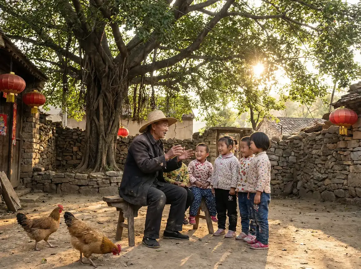老人在大榕树下给孩子们讲故事 - 秘乐秘豆怎么提现 乡村记忆
